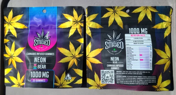 Smashed Plus Neon Gummy Bears 1000mg offer potent, flavorful cannabis edibles with vibrant neon colors and long-lasting, enjoyable effects.