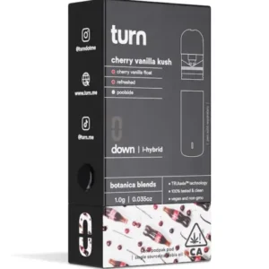 TURN Disposable | Cherry Vanilla Kush (I-Hybrid) – 1G Pod offers a sweet, creamy flavor with relaxing effects, perfect for unwinding.