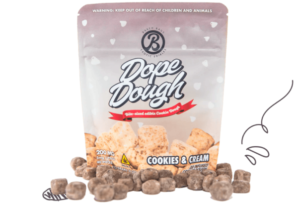 Baked Bags Dope Dough Cookies & Cream Edibles offer 5mg D9 THC per bite, delivering a delicious and controlled cannabis experience in 40ct.