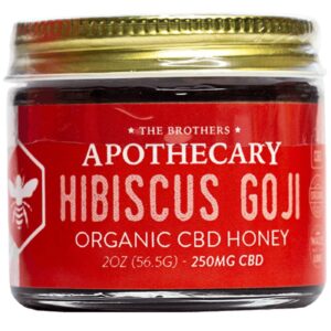 Indulge in Brothers Apothecary Hibiscus Goji CBD Honey. 250mg CBD in a 2oz jar for relaxation, immune support, and vibrant wellness.
