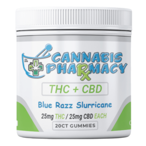 Cannabis Pharmacy 1:1 Delta-9 THC Gummies | 25mg THC & 25mg CBD - Blue Razz Slurricane - 20ct