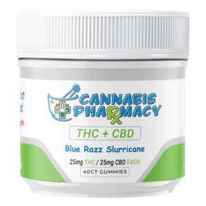 Cannabis Pharmacy 1:1 Delta-9 THC Gummies | 25mg THC & 25mg CBD - Blue Razz Slurricane - 40ct