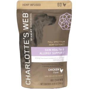 Support your dog's skin and allergy health with Charlotte's Web CBD Chews, featuring 60 tasty chews per pack for long-lasting relief.