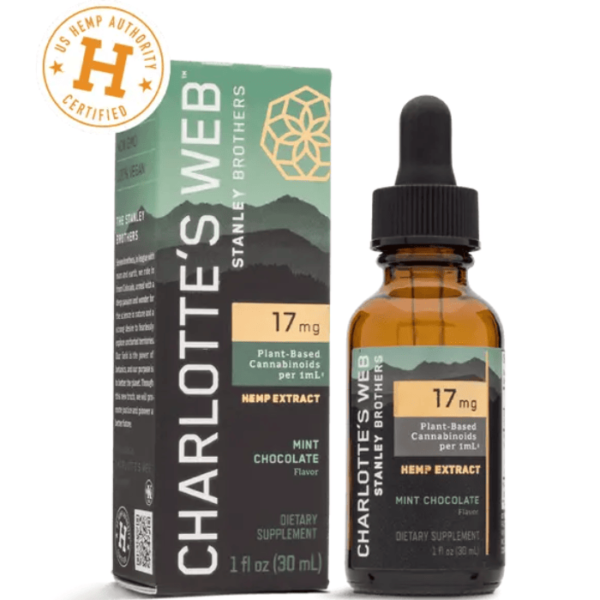 Enjoy Charlotte’s Web Full Spectrum CBD Oil Mint Chocolate. 17mg CBD per 30mL for relaxation, stress relief, and overall wellness support.