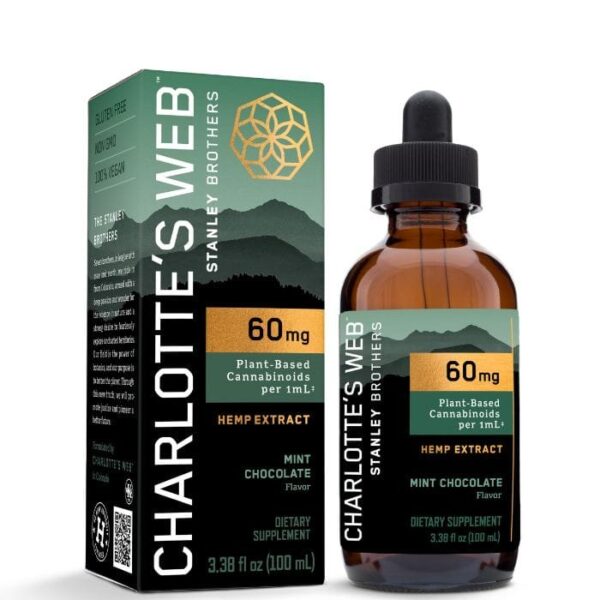 Enjoy the benefits of Charlotte’s Web Full Spectrum CBD Extract Mint Chocolate. 60mg CBD in 100mL for relaxation and wellness support.