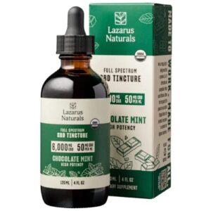 Lazarus Naturals Full Spectrum CBD Oil Tincture (6000mg, 120mL) in Mint Chocolate offers potent relief for pain, stress, and overall wellness.