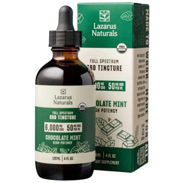 Lazarus Naturals Full Spectrum CBD Oil Tincture (6000mg, 120mL) in Mint Chocolate offers potent relief for pain, stress, and overall wellness.