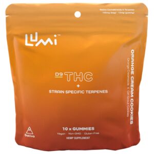 Lumi Labs Orange Cream Cookies THC Gummies offer 5mg D9 and strain-specific terpenes per gummy for a flavorful, balanced, and enjoyable experience.