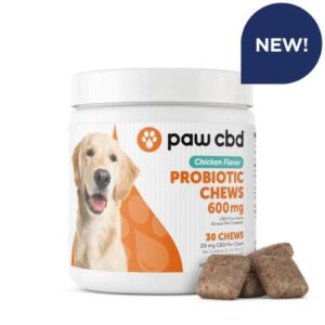 Paw CBD Broad Spectrum CBD Dog Probiotic Chews (20mg, 30 Count) support digestive health, relaxation, and overall wellness with natural, effective ingredients.