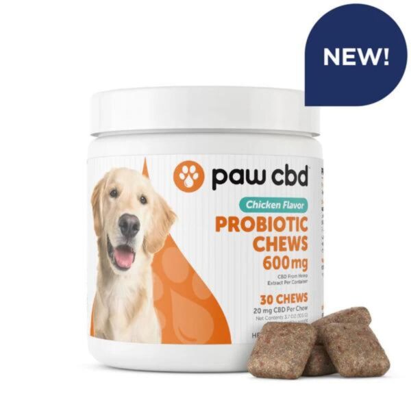 Paw CBD Broad Spectrum CBD Dog Probiotic Chews (20mg, 30 Count) support digestive health, relaxation, and overall wellness with natural, effective ingredients.