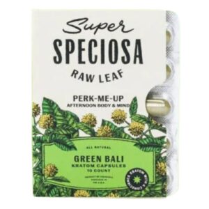 Super Speciosa Green Bali Kratom Capsules (10ct) offer a convenient, precise dose of balanced energy and relaxation in an easy-to-use format.
