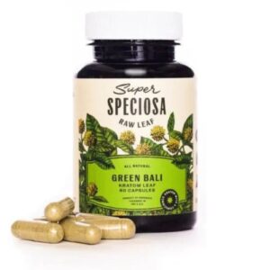 Super Speciosa Green Bali Kratom Capsules (60ct) provide a balanced boost of energy and relaxation in a convenient, easy-to-dose format.