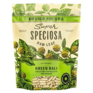 Super Speciosa Green Bali Kratom Capsules (1000ct) offer a balanced blend of energy and relaxation in a convenient, bulk packaging for regular use.