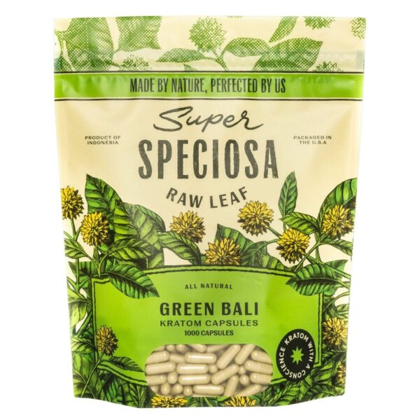 Super Speciosa Green Bali Kratom Capsules (1000ct) offer a balanced blend of energy and relaxation in a convenient, bulk packaging for regular use.