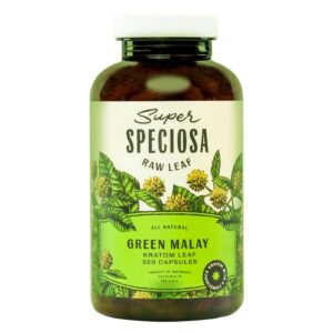 Super Speciosa Green Malay Kratom Capsules (320ct) provide a balanced energy boost and focus in a convenient, bulk format for regular use.