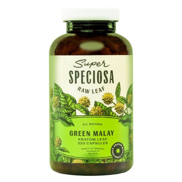 Super Speciosa Green Malay Kratom Capsules (320ct) provide a balanced energy boost and focus in a convenient, bulk format for regular use.