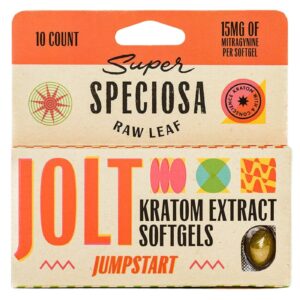 Super Speciosa Jolt Kratom Extract Softgels (10ct) offer a potent, convenient, and precise Kratom dosage for enhanced energy and focus.
