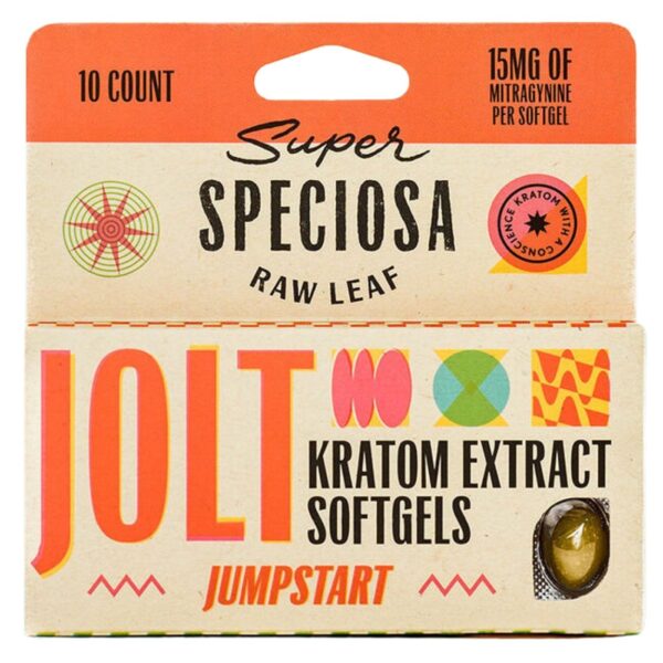 Super Speciosa Jolt Kratom Extract Softgels (10ct) offer a potent, convenient, and precise Kratom dosage for enhanced energy and focus.