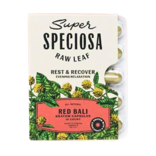 Super Speciosa Red Bali Kratom Capsules (10ct) offer calming, stress-relieving effects in a convenient, easy-to-dose format for relaxation and well-being.