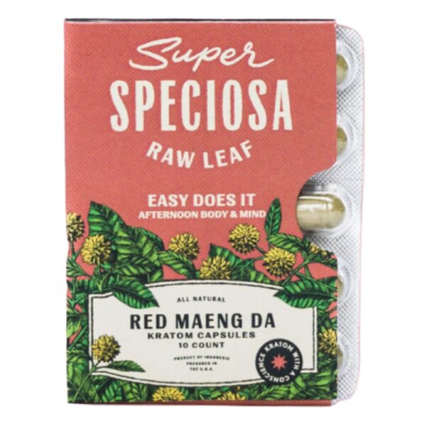 Super Speciosa Red Maeng Da Kratom Capsules (10ct) offer a convenient, precise dosage of powerful relaxation and mild energy-boosting effects.