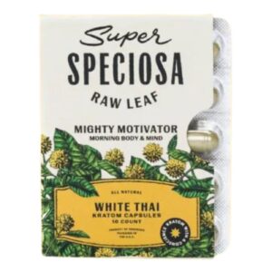 Super Speciosa White Thai Kratom Capsules (10ct) offer a convenient, energizing boost for focus and motivation with precise, easy-to-dose servings.