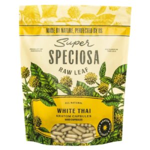 Super Speciosa White Thai Kratom Capsules (1000ct) provide a potent, energizing boost for focus and productivity in a convenient bulk supply.