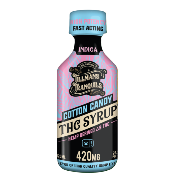 Tillman’s Tranquils Delta-9 THC Syrup in Cotton Candy flavor offers 420mg of THC for a sweet, customizable, and relaxing cannabis experience.