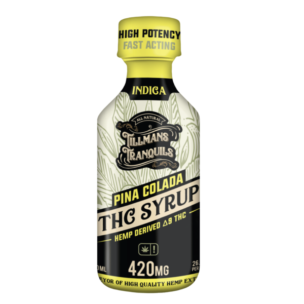Tillman’s Tranquils Delta-9 THC Syrup in Piña Colada flavor offers 420mg of THC for a tropical, customizable, and relaxing cannabis experience.