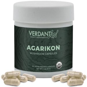 Verdant Leaf's Agarikon Mushroom Capsules support immune health, mental clarity, and stress resilience with 60 organic capsules for overall wellness.