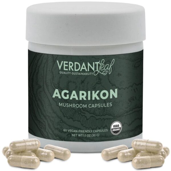 Verdant Leaf's Agarikon Mushroom Capsules support immune health, mental clarity, and stress resilience with 60 organic capsules for overall wellness.