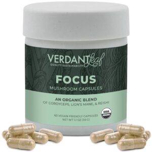 Verdant Leaf's Focus Mushrooms capsules combine Lion’s Mane, Cordyceps, and Reishi to enhance mental clarity, focus.Verdant Leaf Focus Mushrooms