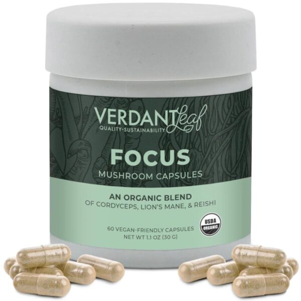 Verdant Leaf's Focus Mushrooms capsules combine Lion’s Mane, Cordyceps, and Reishi to enhance mental clarity, focus.Verdant Leaf Focus Mushrooms