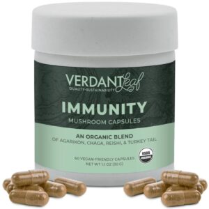 Verdant Leaf's Immunity Blend Mushroom Capsules combine Reishi, Turkey Tail, Chaga, and Shiitake to support immune function and overall wellness.