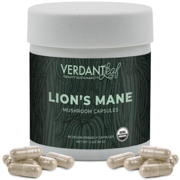 Verdant Leaf's Lion's Mane Capsules support cognitive health, memory, and focus with 60 organic mushroom capsules for enhanced menta.Verdant Leaf Lions Mane