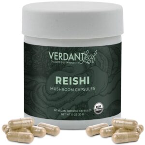 Verdant Leaf's Reishi Mushroom Capsules promote relaxation, stress relief, and immune support with 60 organic capsules for overall wellness and clarity.
