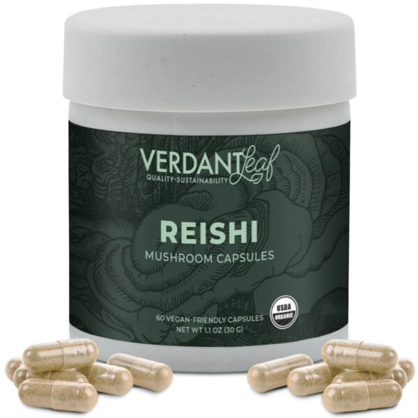 Verdant Leaf's Reishi Mushroom Capsules promote relaxation, stress relief, and immune support with 60 organic capsules for overall wellness and clarity.