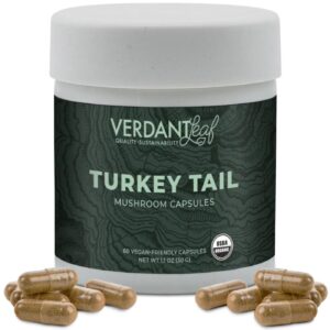 Verdant Leaf's Turkey Tail Mushroom Capsules support immune function, digestion, and overall vitality with 60 organic capsules for enhanced wellness.