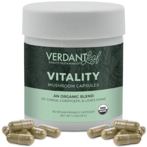 Boost your wellness with Verdant Leaf's Vitality Blend Mushroom Capsules. Featuring Lion’s Mane, Reishi, Chaga, and Cordyceps for enhanced vitality.