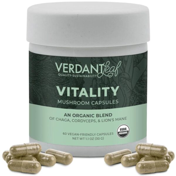 Boost your wellness with Verdant Leaf's Vitality Blend Mushroom Capsules. Featuring Lion’s Mane, Reishi, Chaga, and Cordyceps for enhanced vitality.